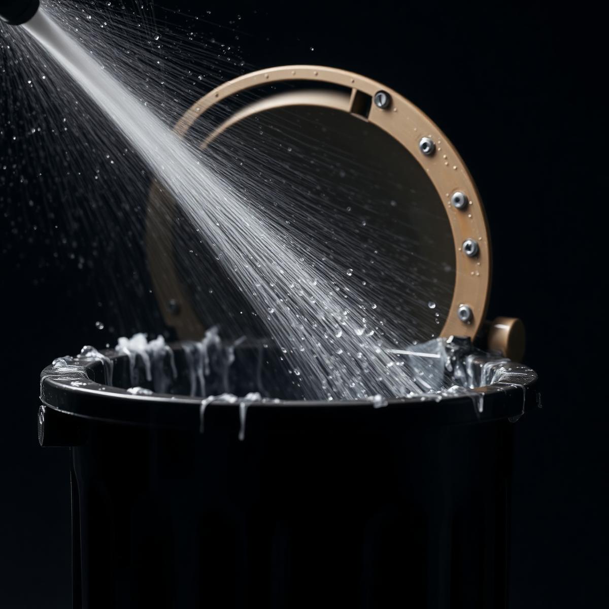 High-pressure hot water cleaning the inside of a trash bin
